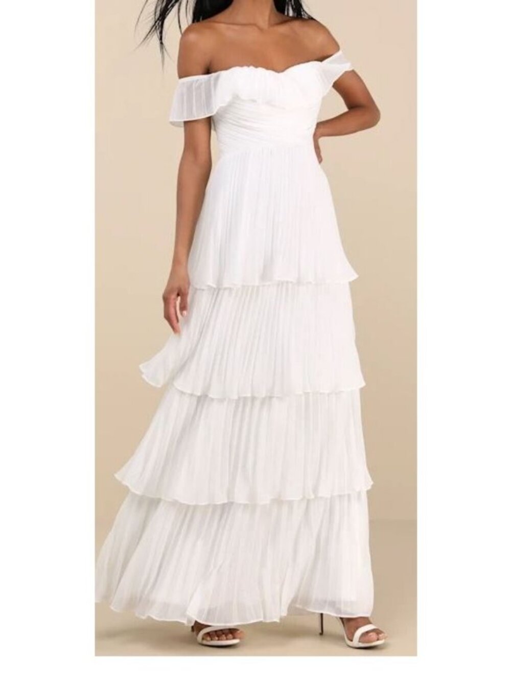 Lulus Always Remarkable White Pleated Off-the-Shoulder Maxi Dress Size L NWT